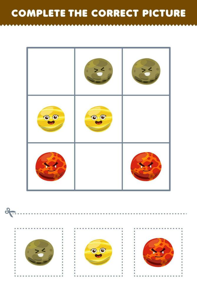 Education game for children complete the correct picture of a cute cartoon mercury venus and mars planet printable solar system worksheet vector