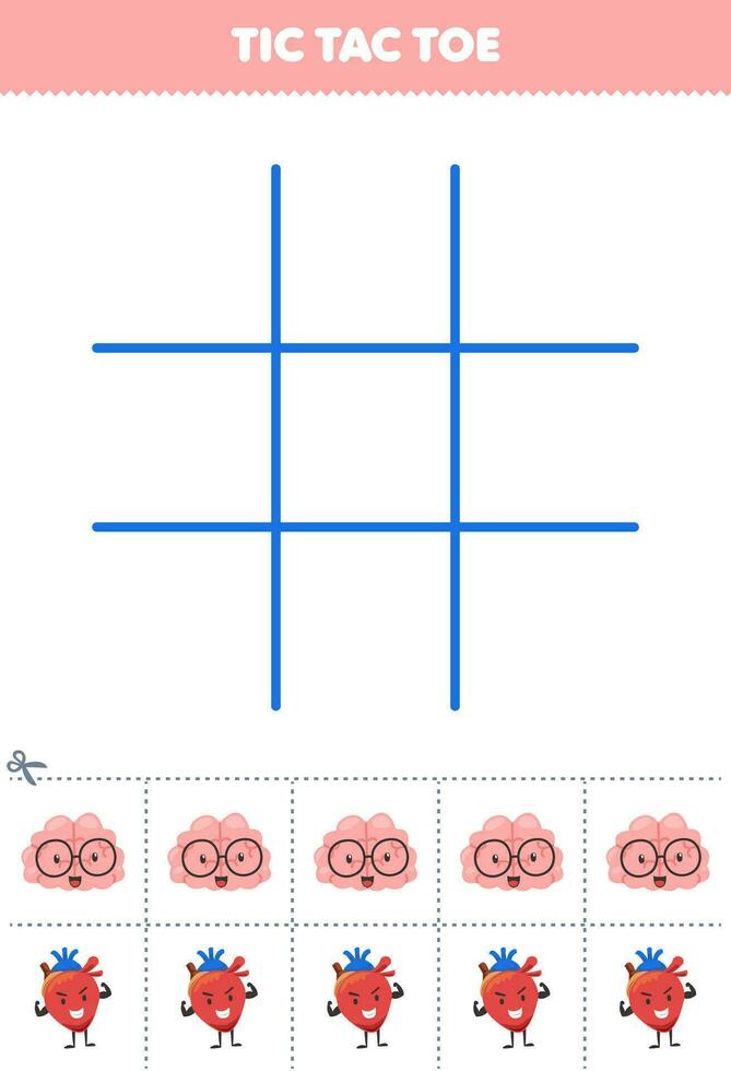 Education game for children tic tac toe set with cute cartoon brain and heart picture printable anatomy and organ worksheet vector