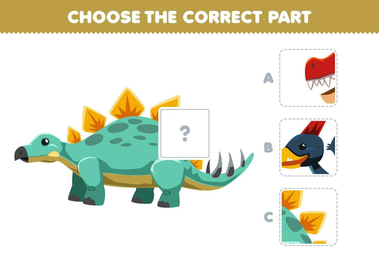 educación juego para niños escoger el correcto parte a completar un linda dibujos animados estegosaurio imagen imprimible prehistórico dinosaurio hoja de cálculo vector