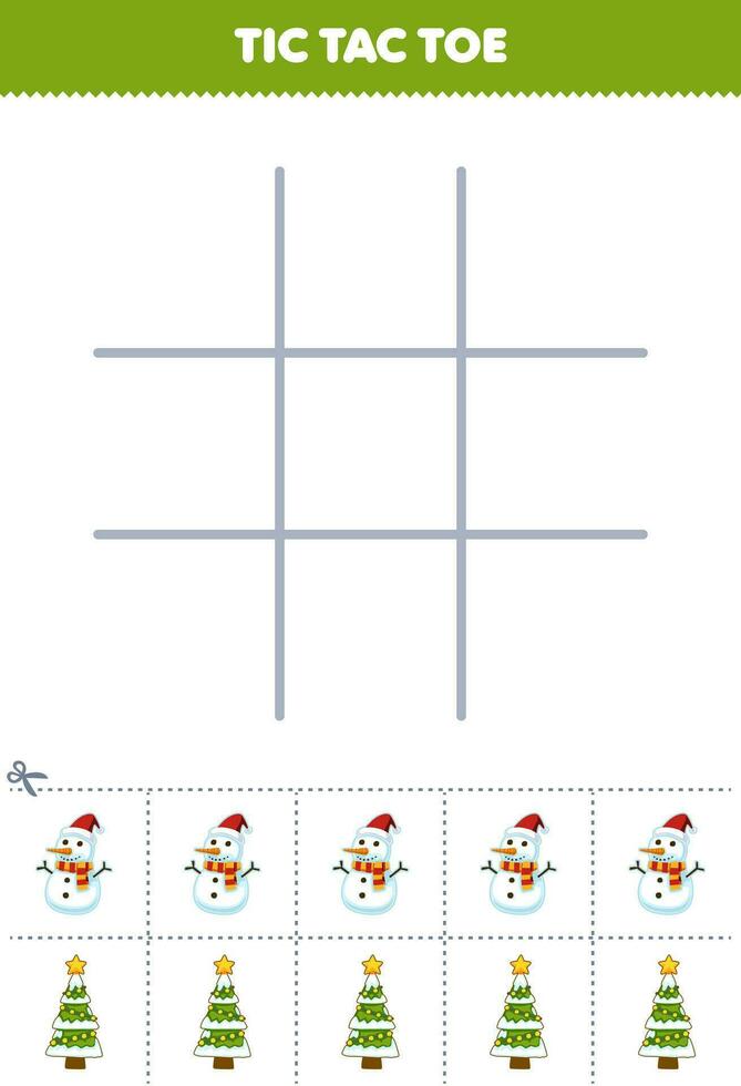 Education game for children tic tac toe set with cute cartoon snowman and christmas tree picture printable winter worksheet vector