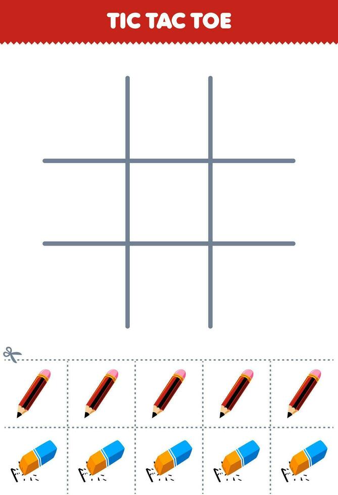 educación juego para niños tic tac dedo del pie conjunto con linda dibujos animados lápiz y borrador imagen imprimible herramienta hoja de cálculo vector