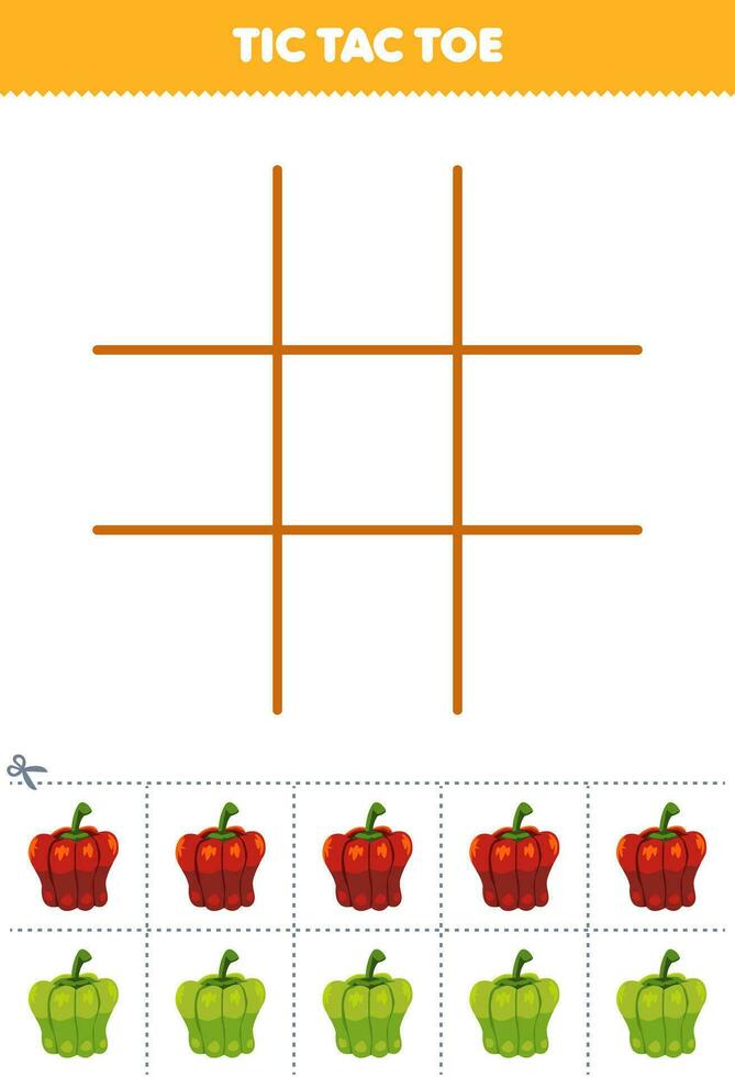 educación juego para niños tic tac dedo del pie conjunto con linda dibujos animados pimenton imagen imprimible vegetal hoja de cálculo vector