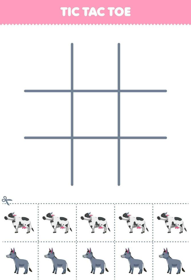 Education game for children tic tac toe set with cute cartoon donkey and cow picture printable farm worksheet vector