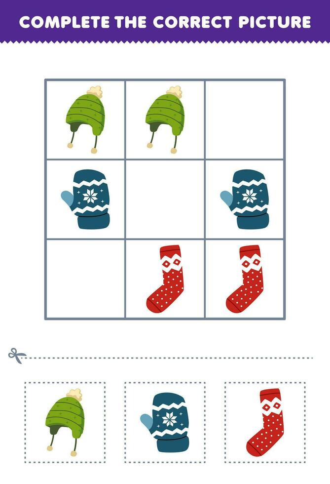 Education game for children complete the correct picture of a cute cartoon beanie hat mitten and sock printable winter worksheet vector