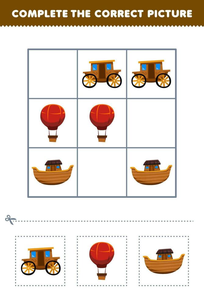 Education game for children complete the correct picture of a cute cartoon carriage balloon and ark printable transportation worksheet vector