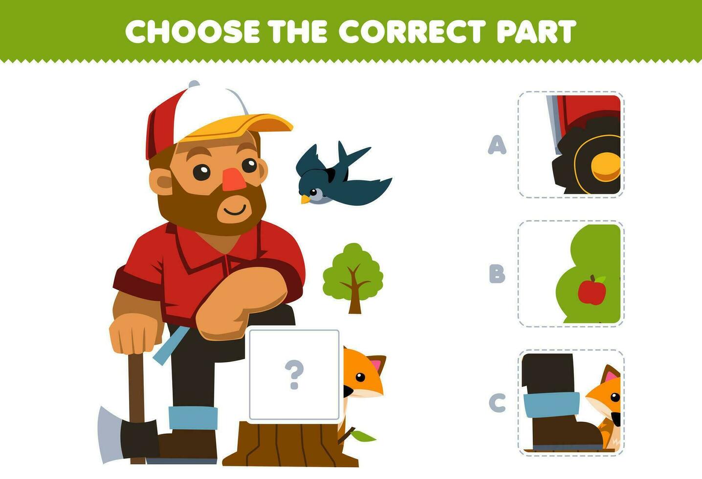 educación juego para niños escoger el correcto parte a completar un linda dibujos animados carpintero hombre imagen imprimible granja hoja de cálculo vector