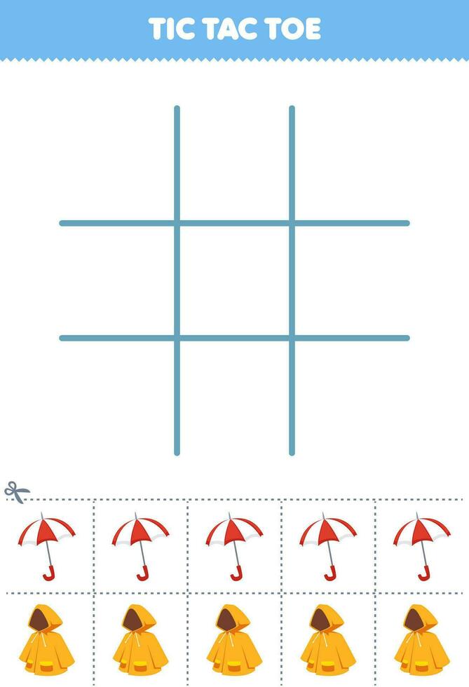 Education game for children tic tac toe set with cute cartoon umbrella and raincoat picture printable wearable clothes worksheet vector