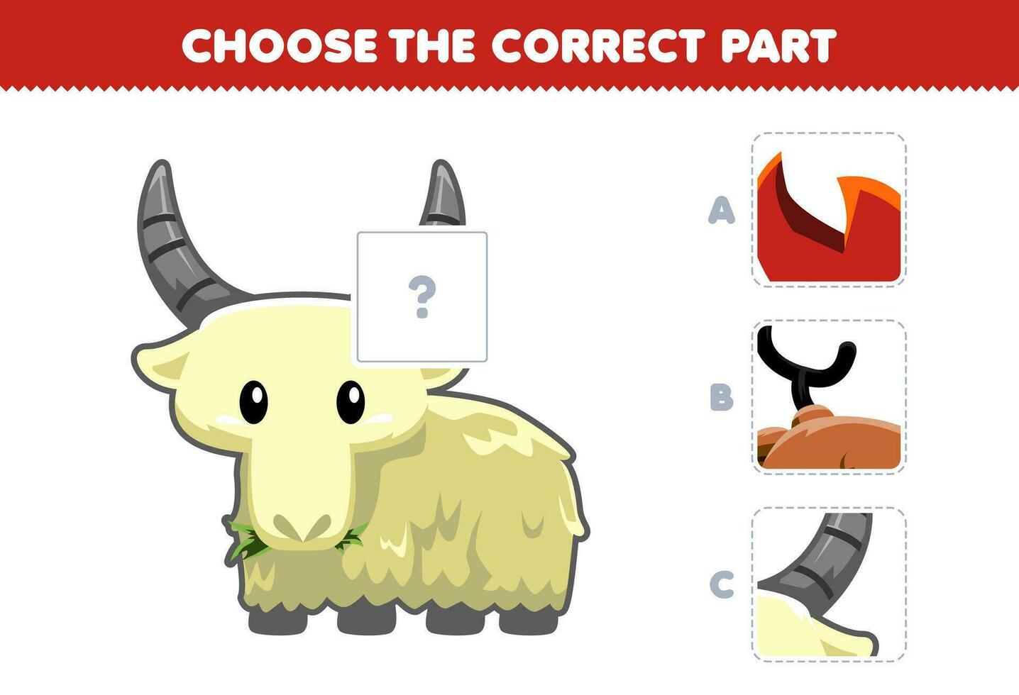 educación juego para niños escoger el correcto parte a completar un linda dibujos animados cabra imagen imprimible animal hoja de cálculo vector