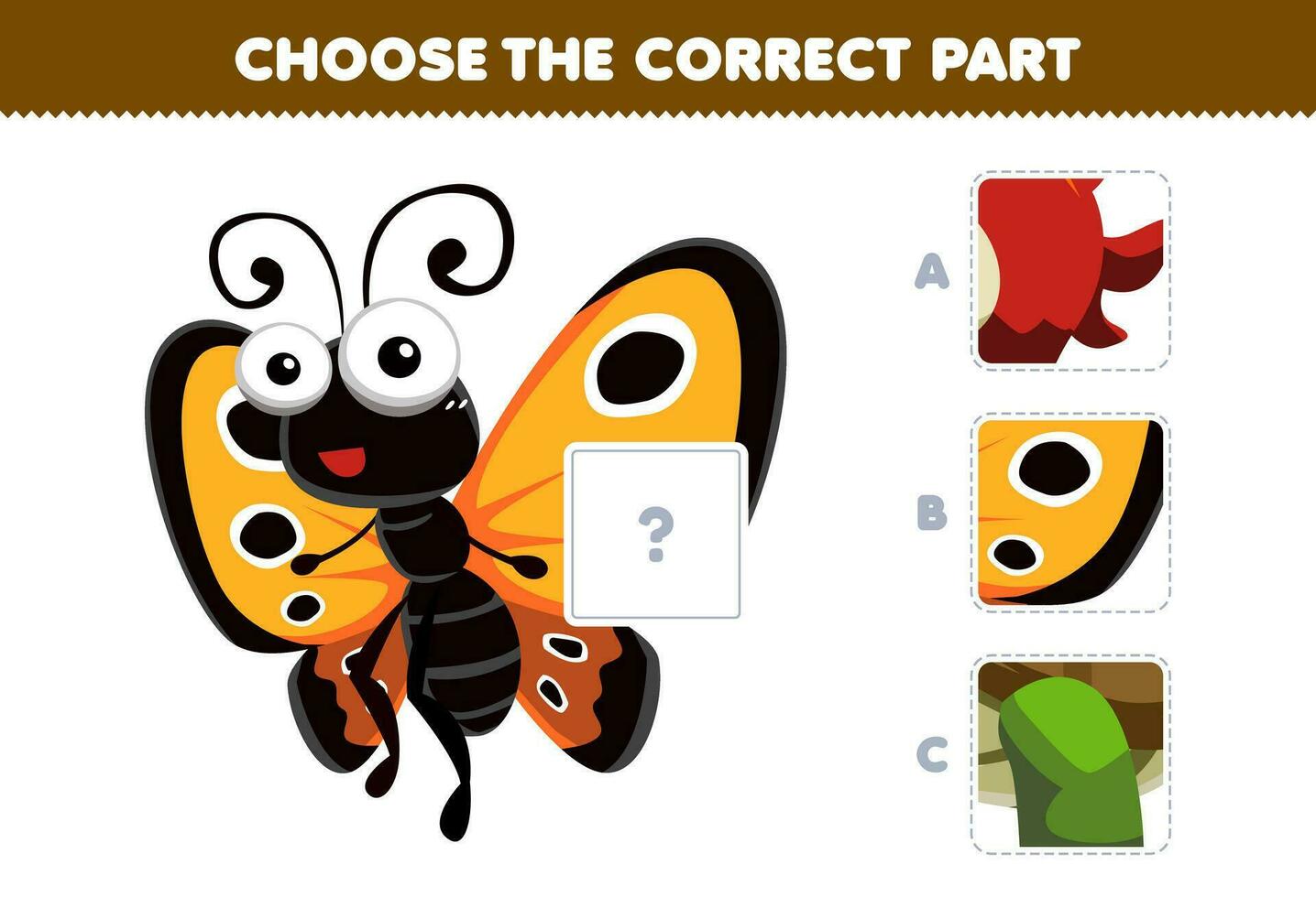 educación juego para niños escoger el correcto parte a completar un linda dibujos animados mariposa imagen imprimible animal hoja de cálculo vector