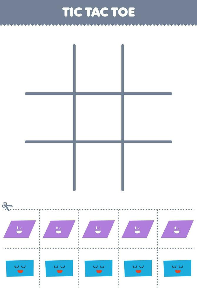 Education game for children tic tac toe set with cute cartoon parallelogram and rectangle picture printable shape worksheet vector