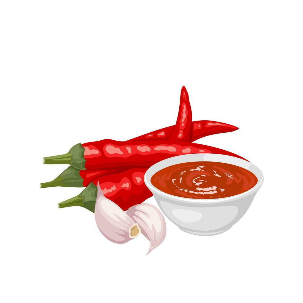 Vector illustration, sriracha sauce in a white bowl, with red chilies and garlic cloves, isolated on a white background.