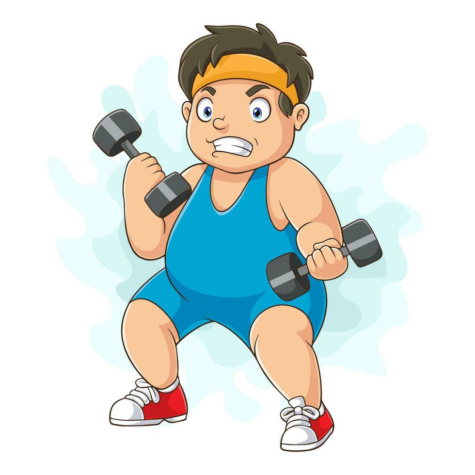 cartoon fat boy exercising barbell vector