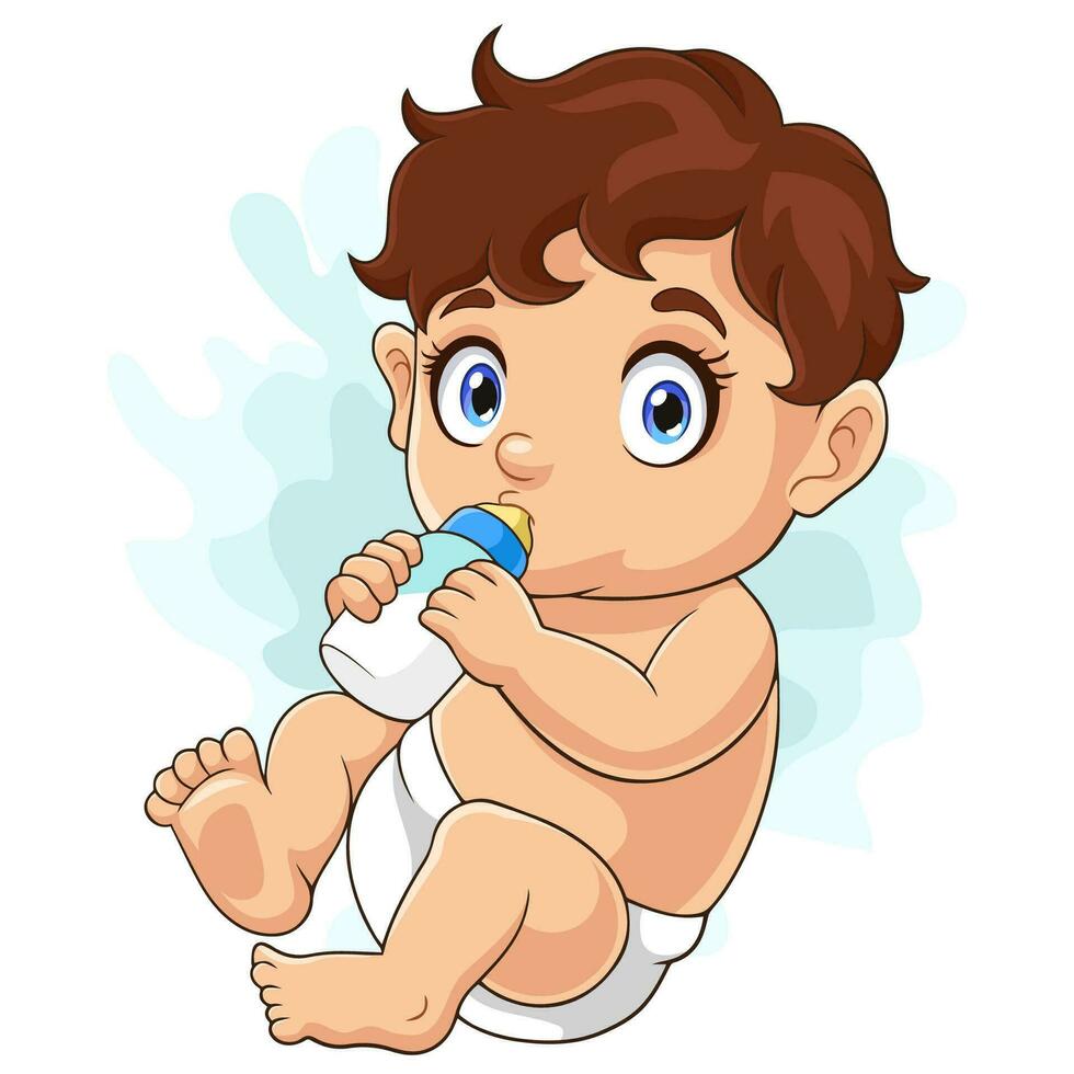 Funny baby boy drinking milk with bottle vector