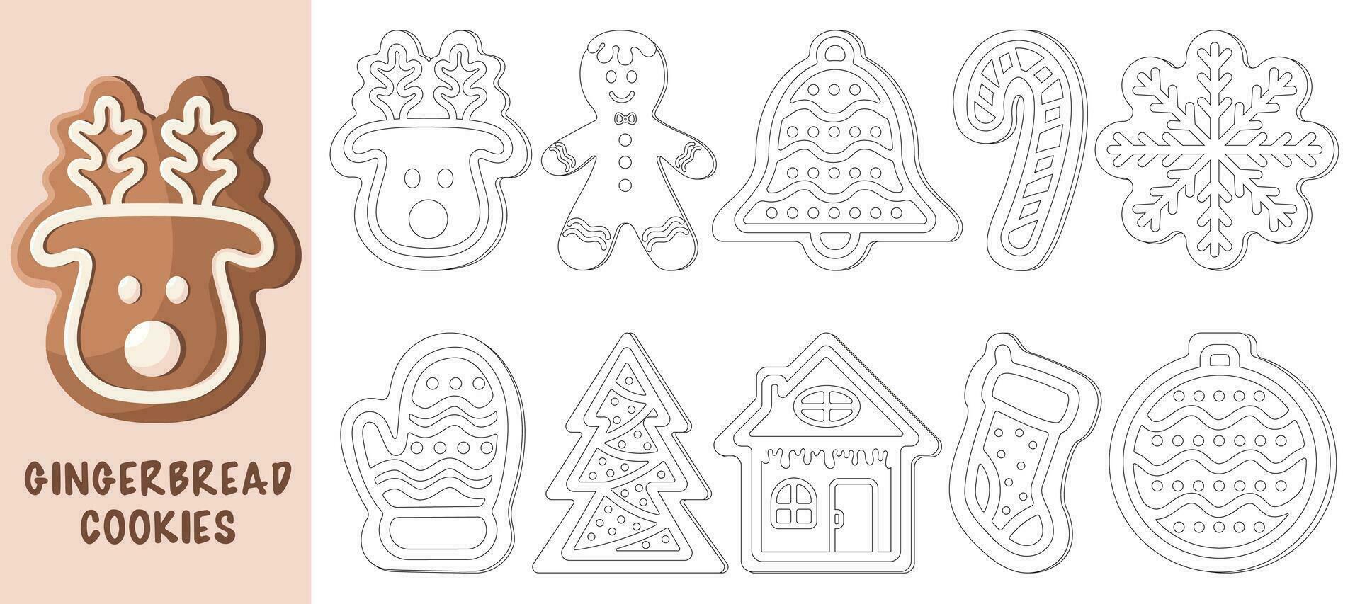 Coloring page with set of gingerbread cookies. Winter homemade sweets in shape of house, mittens, snowflakes, gingerbread man, deer, bell, tree, Christmas tree toy, candy, Christmas sock. vector