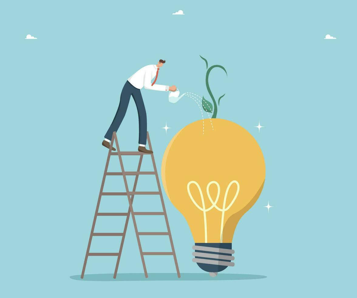 Creativity and intelligence for creating new ideas, thought process and logic for innovation, new opportunities and new knowledge for great success and development, man watering sprout on light bulb. vector