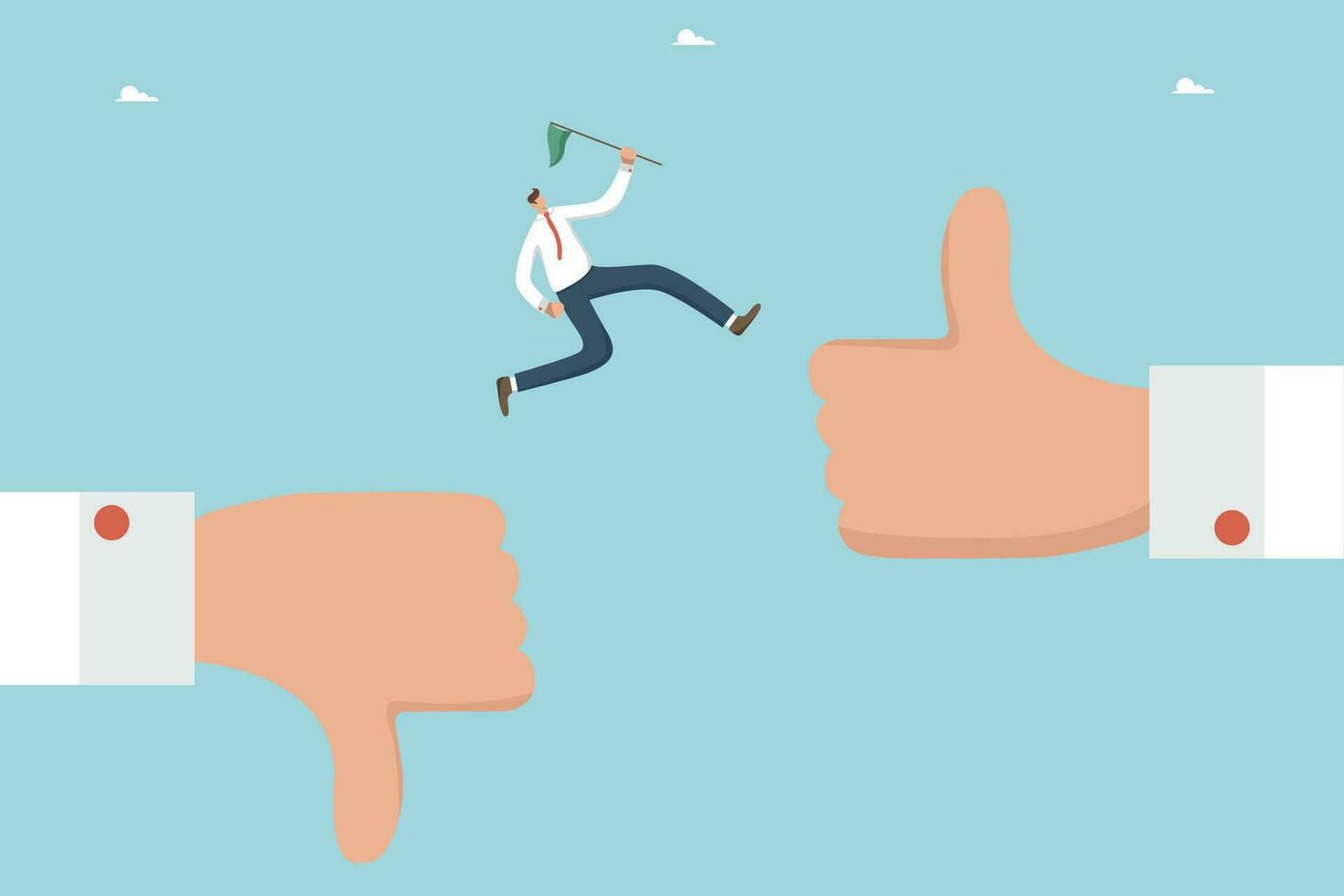 Courage and determination to change decision making for new opportunities, pros and cons of strategy, change negative feedback to positive, progress and growth, man jumps from thumb down to thumb up. vector