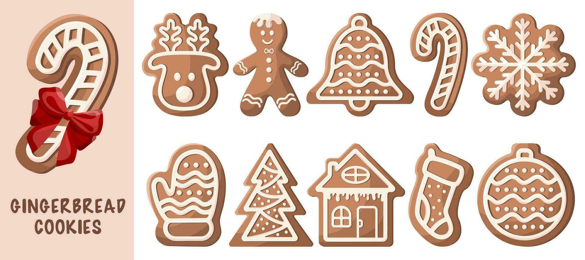 Set of cartoon vector illustrations of gingerbread cookies. Winter homemade sweets in shape of house, mittens, snowflakes, gingerbread man, deer, bell, tree, Christmas tree toy, candy, sock.