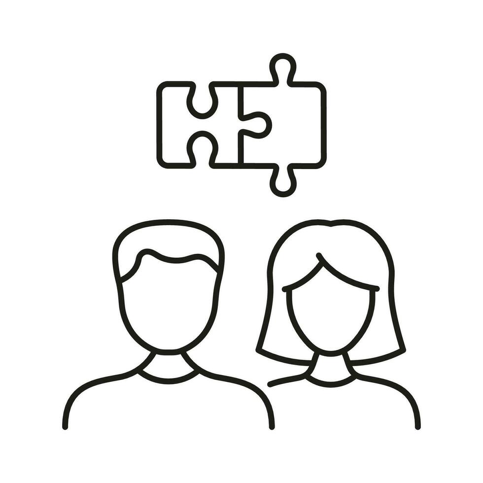 Puzzle Pieces and Couple Line Icon. Man And Woman Match Together in Relationship Linear Pictogram. Teamwork, Partnership. Romance Marriage Outline Sign. Editable Stroke. Isolated Vector Illustration.