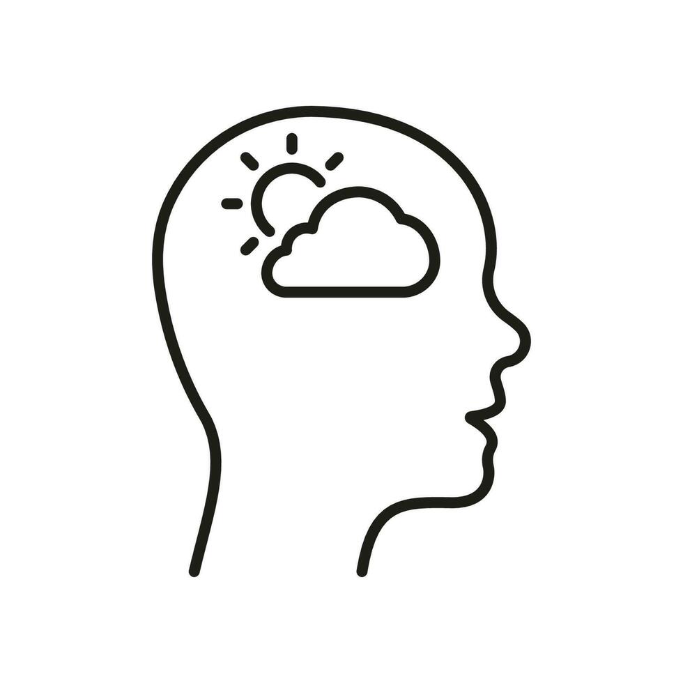 Positive Thinking Line Icon. Good Emotion, Happy Mood Outline Sign. Mental Health, Sun Shine in Human Head Linear Pictogram. Intellectual Process Symbol. Editable Stroke. Isolated Vector Illustration.