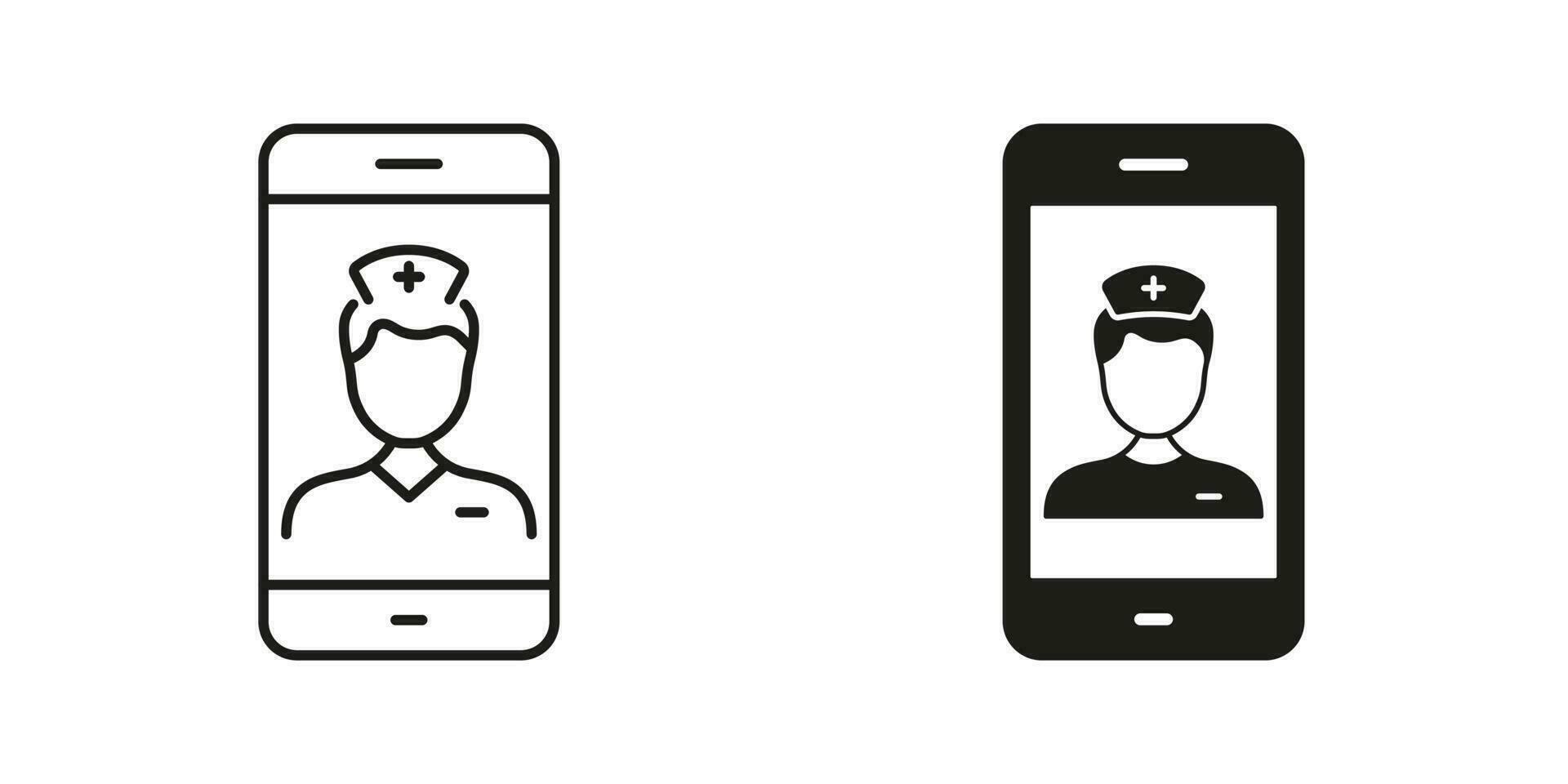 Physician Online Consultation Line and Silhouette Black Icon Set. Remote Virtual Doctor Man. Medical Service in Smartphone. Healthcare in Mobile Phone Symbol Collection. Isolated Vector Illustration.