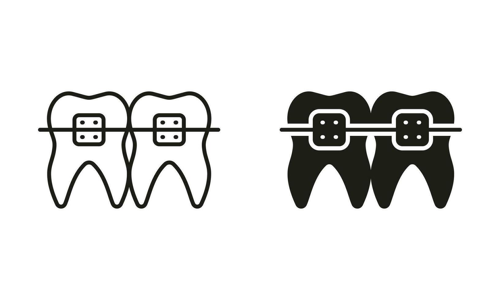 Braces Teeth Silhouette and Line Icons Set. Dentist's Oral Health Care. Orthodontic Brace, Jaw and Tooth Correction. Dental Treatment, Dentistry Symbol Collection. Isolated Vector Illustration.