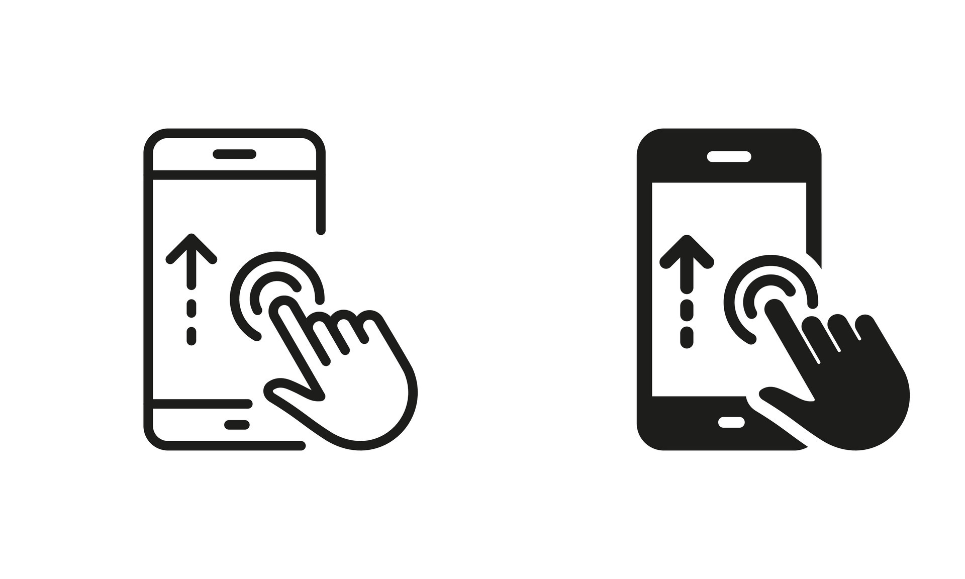 Scroll Up in Cellphone Line and Silhouette Icon Set. Swipe Up Gesture