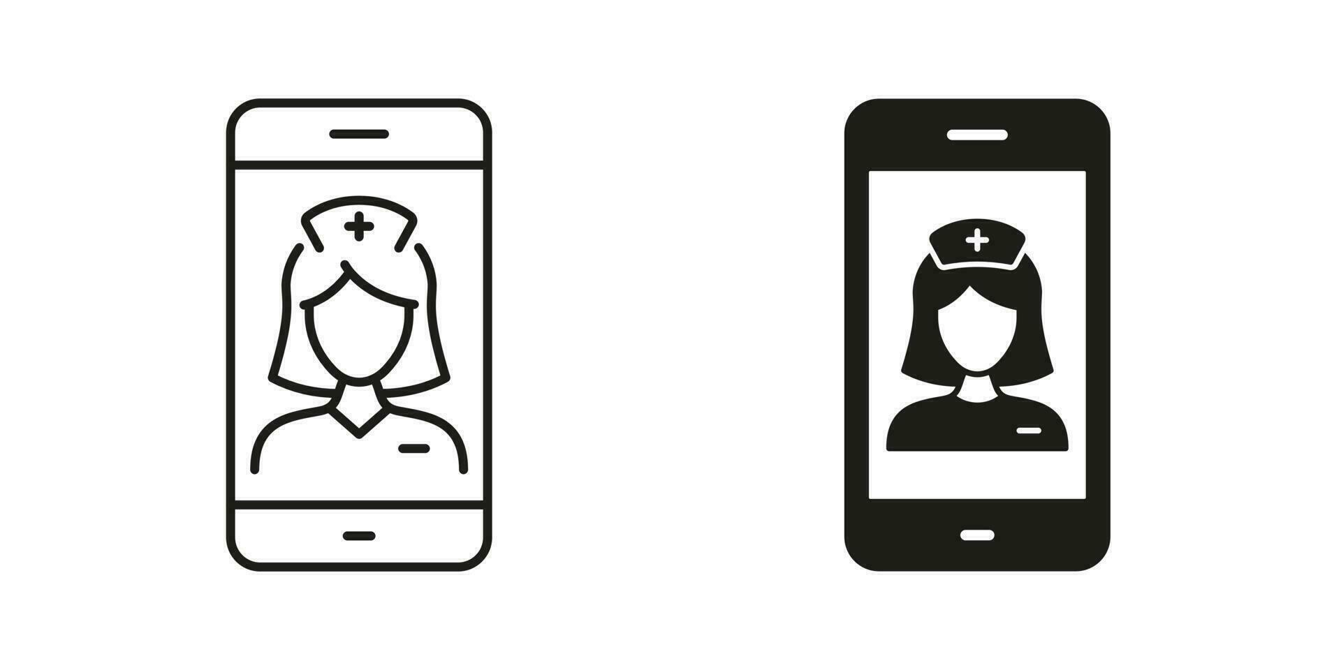 Healthcare in Mobile Phone Symbol Collection. Physician Online Consultation. Virtual Doctor Woman Pictogram. Medical Service in Smartphone Line and Silhouette Icon Set. Isolated Vector Illustration.