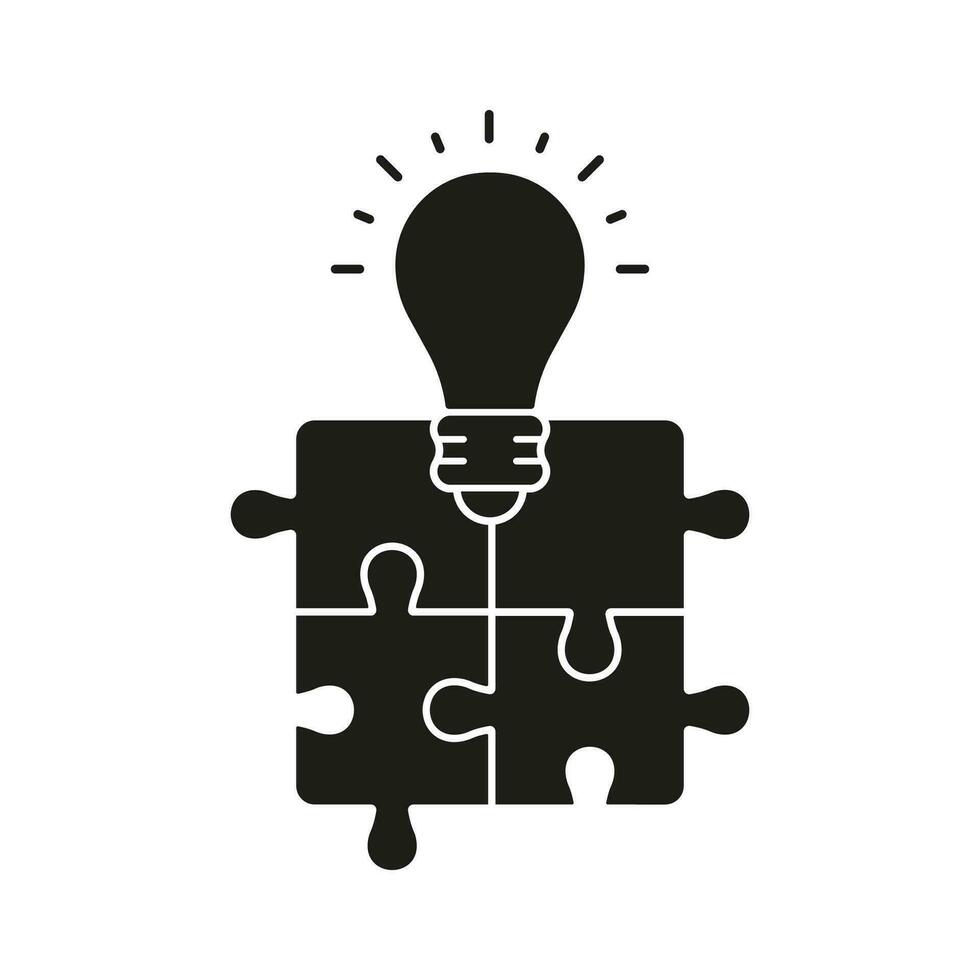 Business Innovation, Problem Solving Glyph Pictogram. Creative Solution. Puzzle and Lightbulb Concept Silhouette Icon. Jigsaw with Light Bulb Solid Sign. Isolated Vector Illustration.