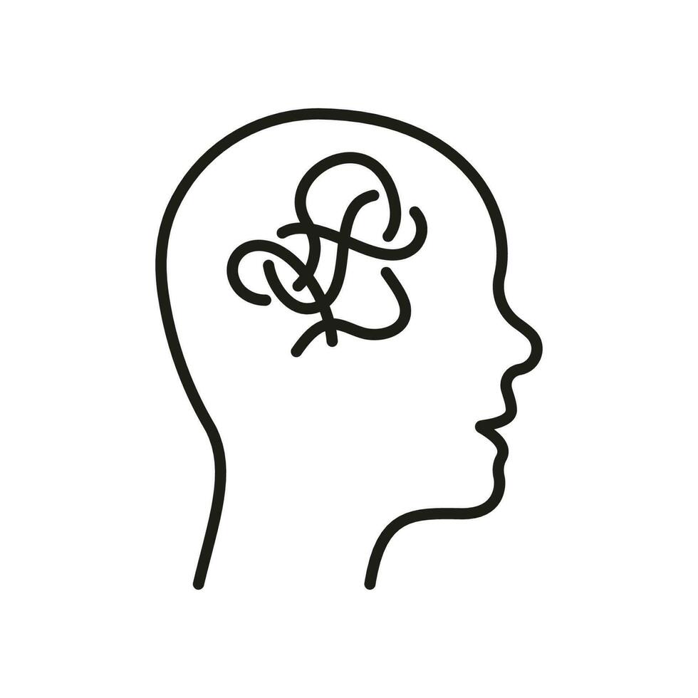 Mental Obsession in Human Head Line Icon. Person Mind Disorder Linear Pictogram. Emotional Resource, Chaos Outline Sign. Intellectual Process Symbol. Editable Stroke. Isolated Vector Illustration.