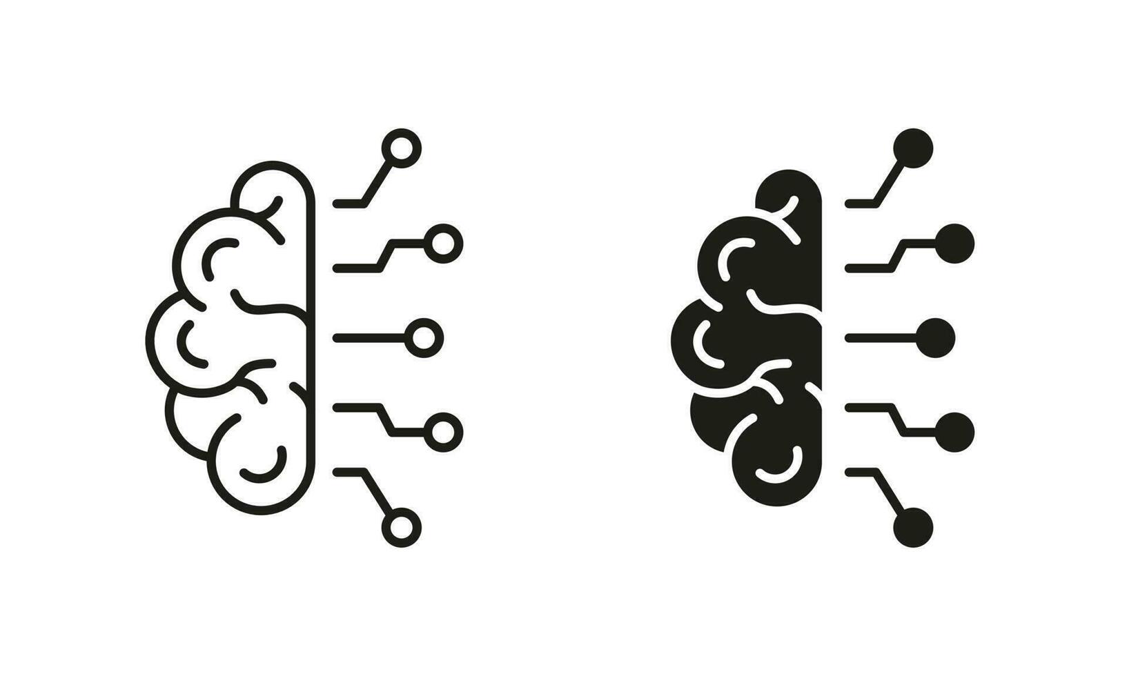 Human Brain, Network Chip Technology Pictogram. Artificial Intelligence Symbol Collection on White Background. AI Innovation Concept Line and Silhouette Icon Set. Isolated Vector Illustration.