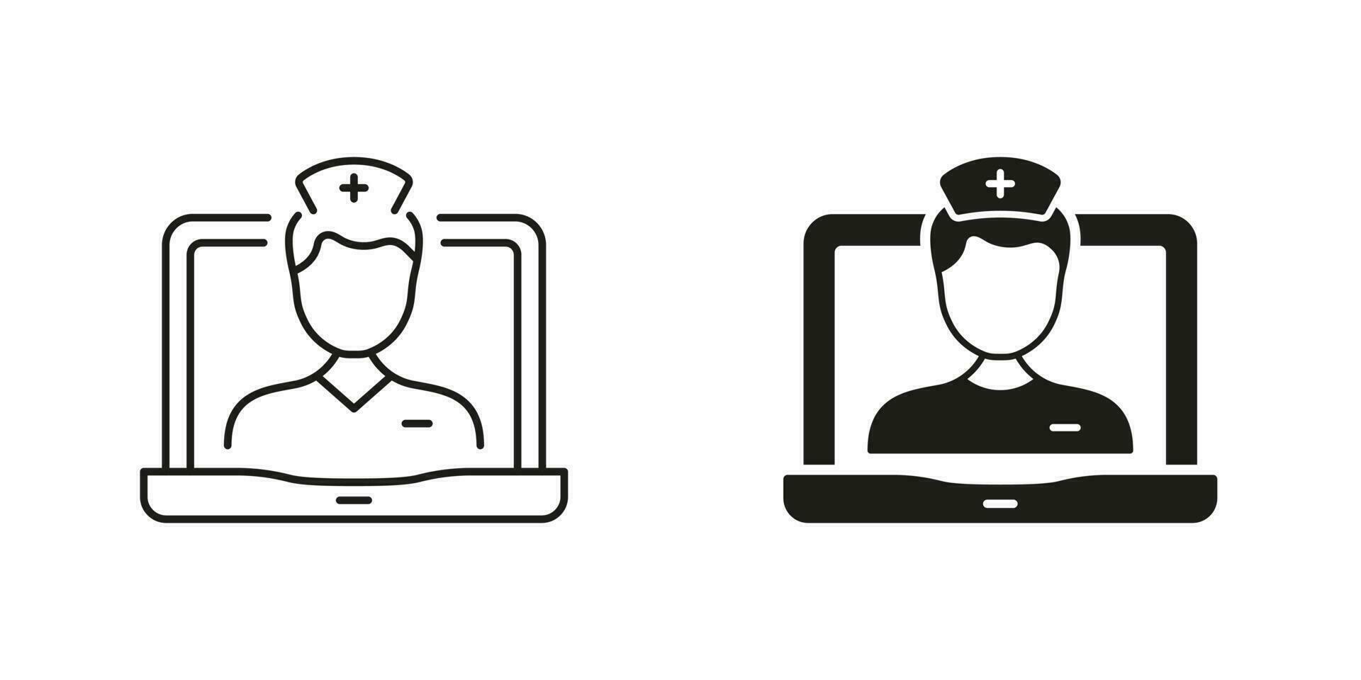 Physician Consultation. Online Medical Service in Laptop Line and Silhouette Black Icon Set. Telemedicine Healthcare Symbol Collection. Remote Virtual Doctor Man. Isolated Vector Illustration.