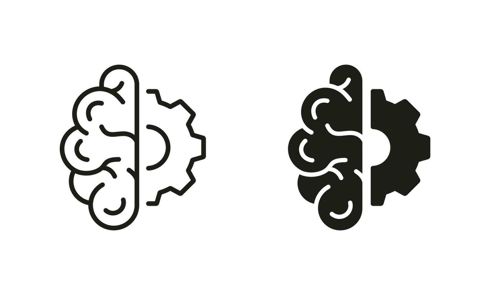 Technology Innovation Concept, Strategy Think Symbols. Half of Human Brain and Half of Gear Line and Silhouette Icon Set. Artificial Intelligence Pictogram. Isolated Vector Illustration.