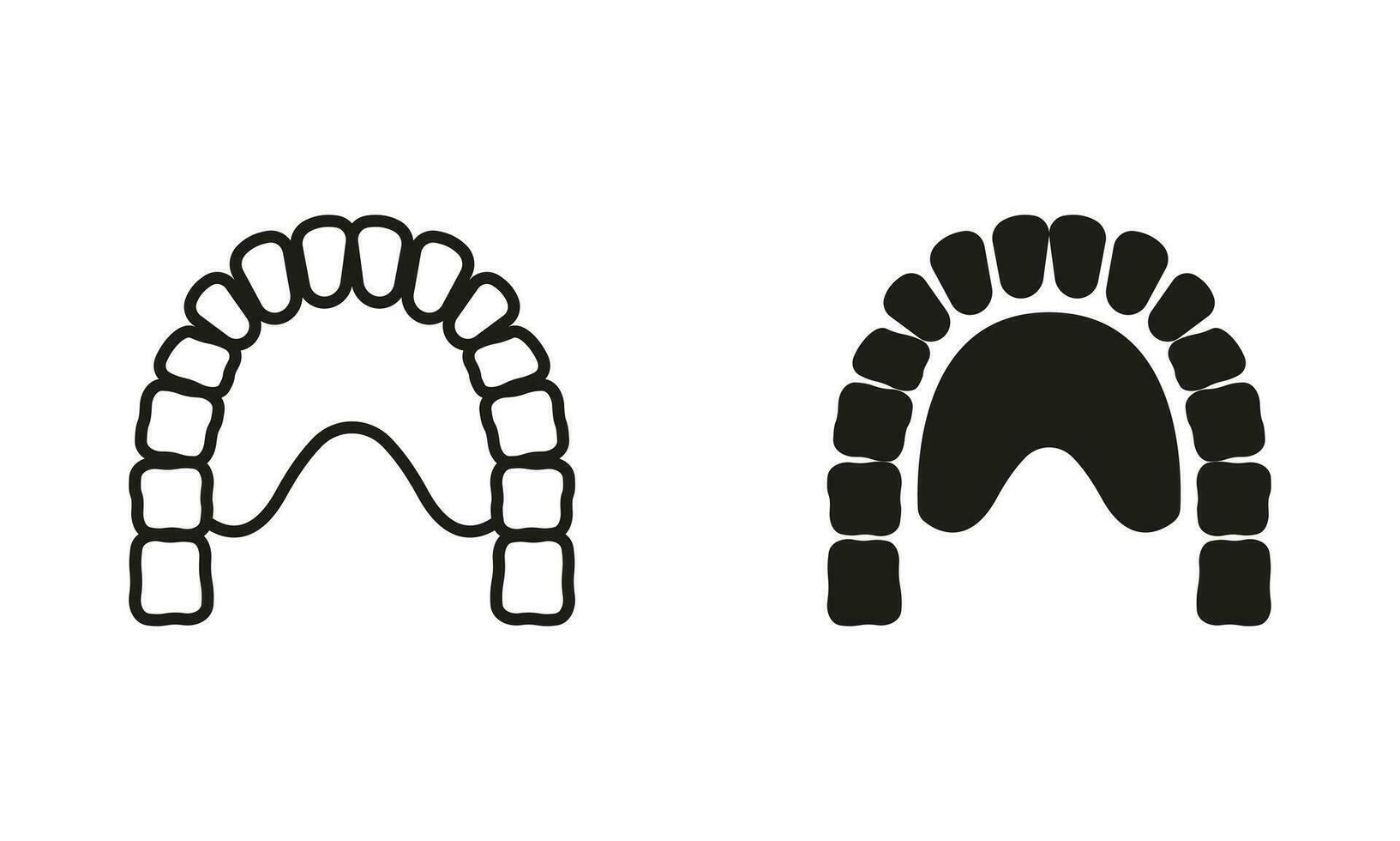 Human Jaw with Teeth and Tongue Silhouette and Line Icons Set. Maxilla, Lower Jaw Pictogram. Jawbone Physiology. Dental Treatment, Dentistry Black Symbol Collection. Isolated Vector Illustration.