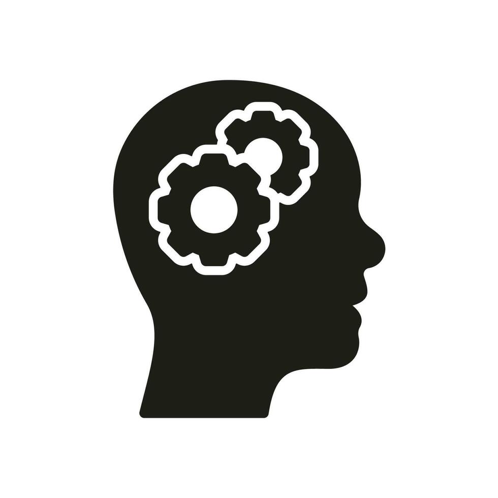 cerebro y diente rueda desarrollo concepto silueta icono. humano cabeza con engranaje idea genial pictograma. educación desarrollo sólido signo. estratégico intelectual proceso. aislado vector ilustración.