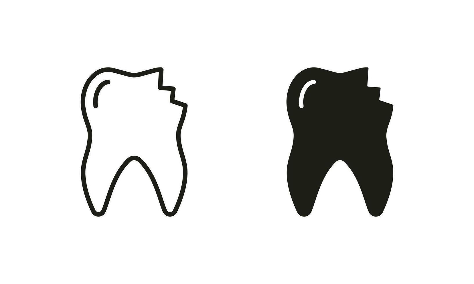 Broken Cracked Teeth Silhouette and Line Icons Set. Chipped Tooth Pictogram. Damaged Enamel, Medical Dental Problem Sign. Dentistry Black Symbol Collection. Isolated Vector Illustration.