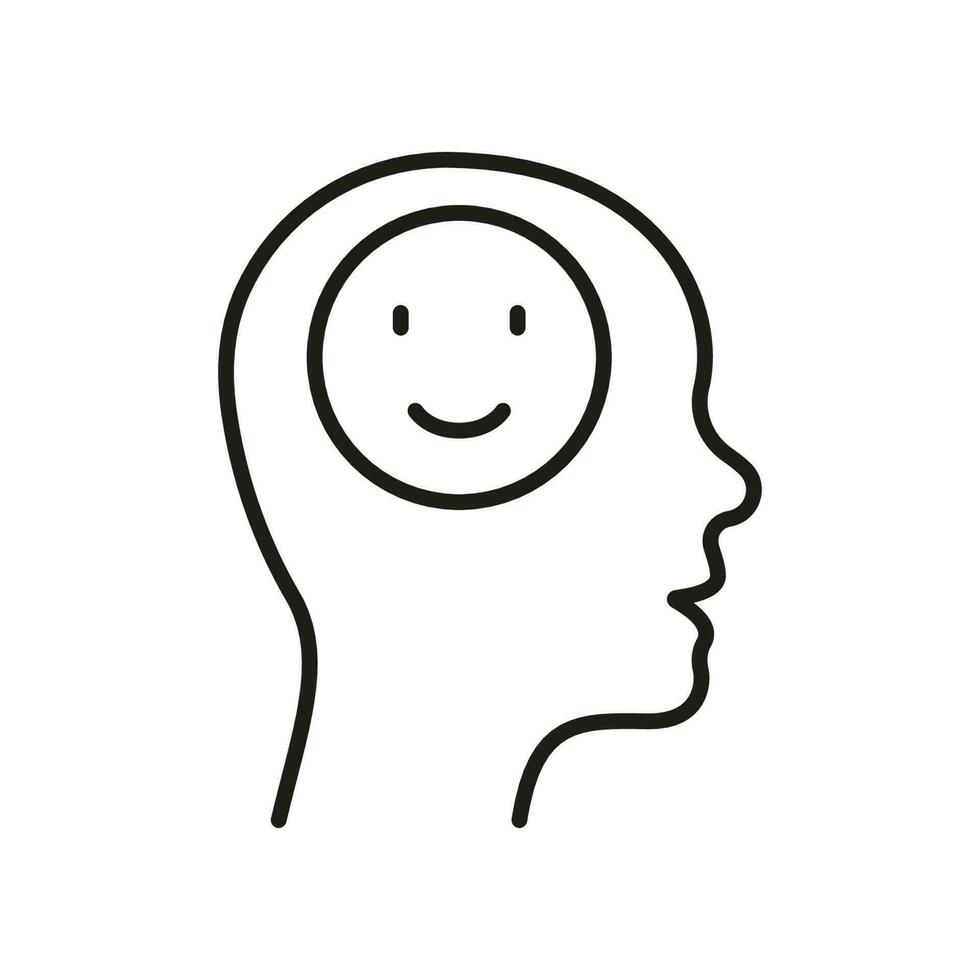 Positive Thinking Line Icon. Mental Health, Smile in Human Head Linear Pictogram. Good Emotion, Happy Mood Outline Sign. Intellectual Process Symbol. Editable Stroke. Isolated Vector Illustration.