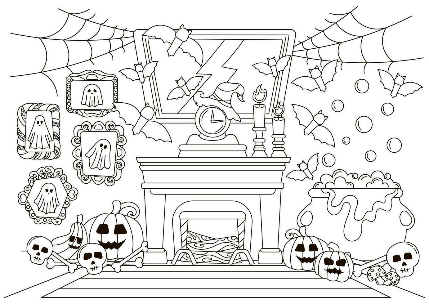Halloween cozy indoor interior of living room with fireplace and bat, pumplin characters coloring page vector