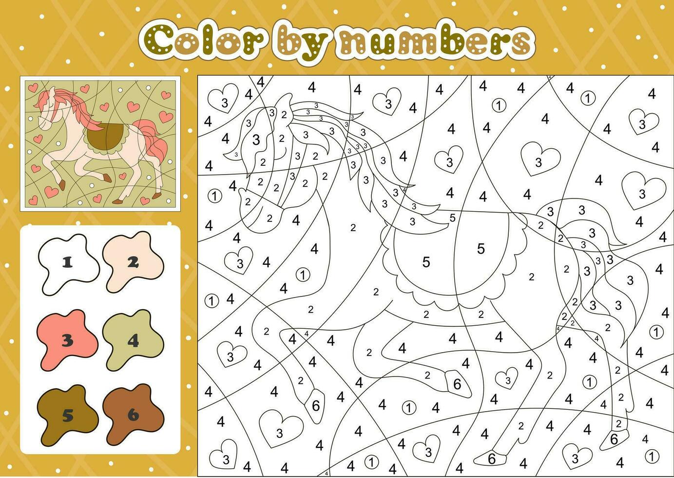 Fairy tale themed coloring page by number for kids with cute horse character vector