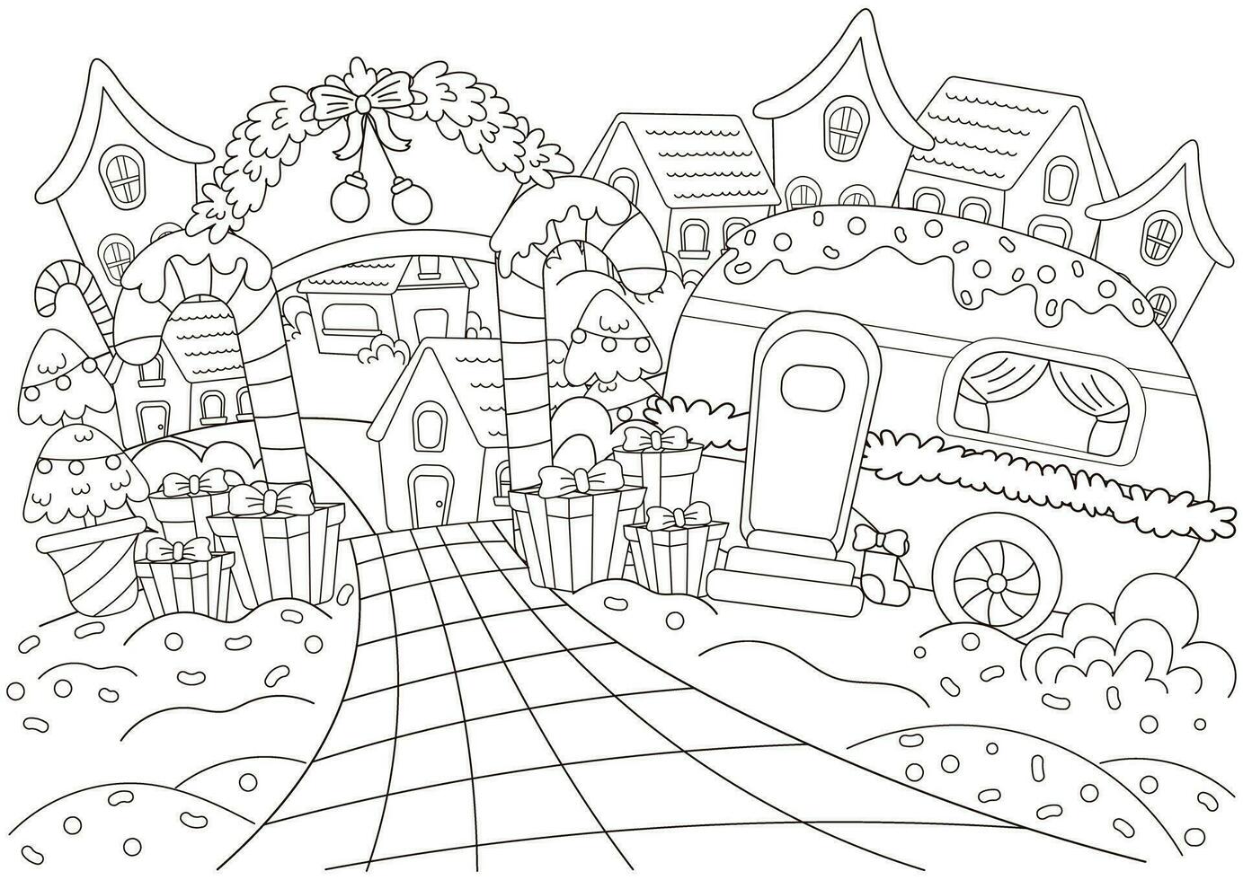 Christmas town coloring page for kids and adults with houses and camping vehicle with christmas tree and sweets vector