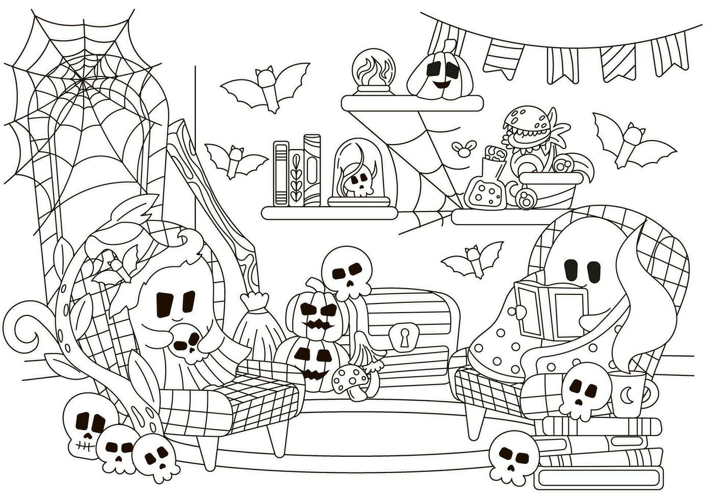 Halloween cozy indoor interior of room with ghost characters sitting in armchairs and reading books, bookshelf and skulls coloring page vector