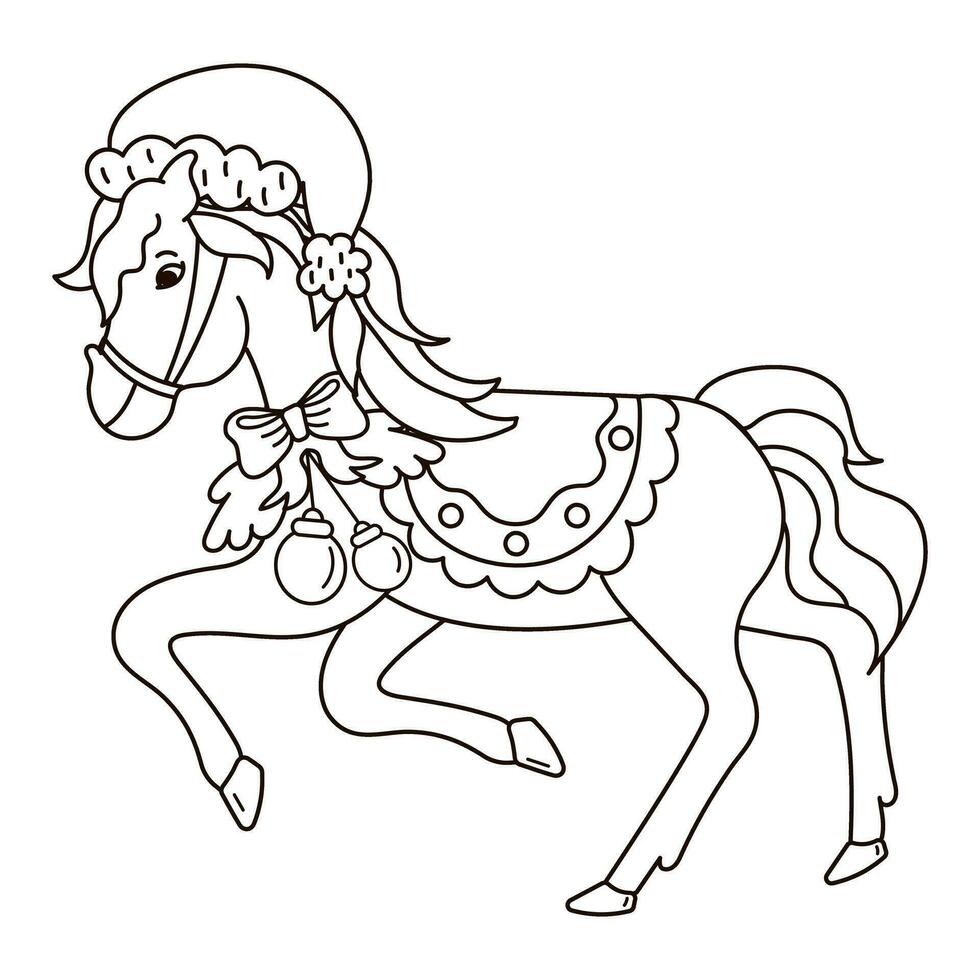Christmas coloring page with horse character with santa hat and
