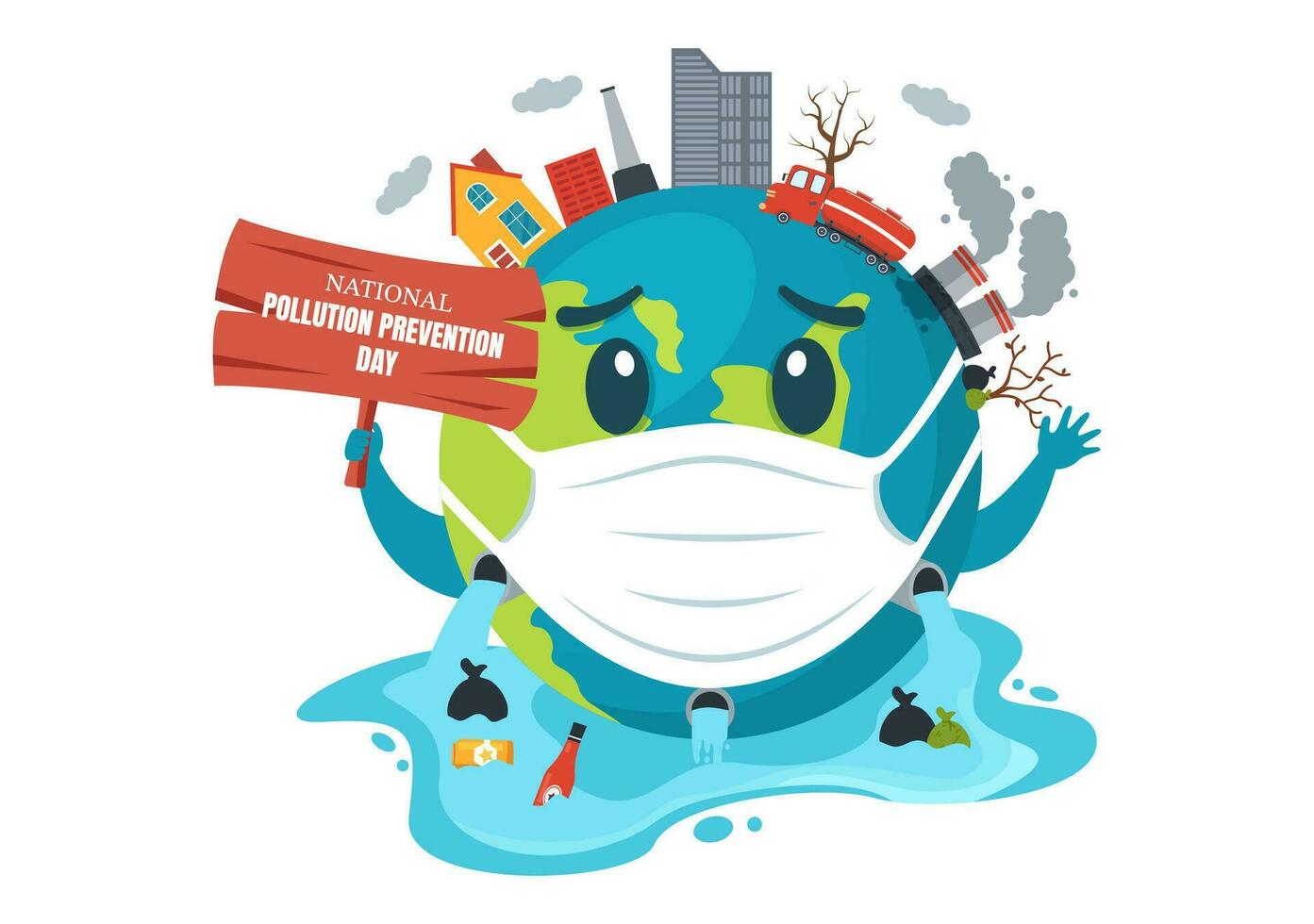 National Pollution Prevention Day Vector Illustration on 2 December for Awareness Campaign Factory, Forest or Vehicle Problems in Cartoon Background
