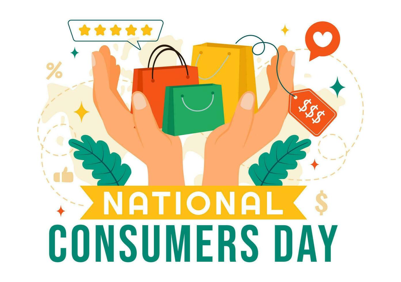 nacional consumidor día vector ilustración con compras carro y papel bolso para promoción, bandera o póster en plano dibujos animados antecedentes diseño