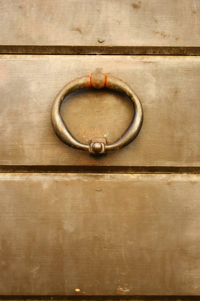 a metal ring on a wooden door photo