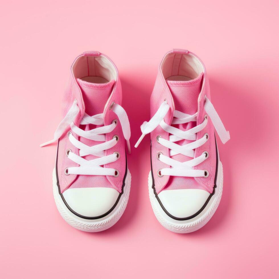 Children's small pink sneakers on a pink background. photo