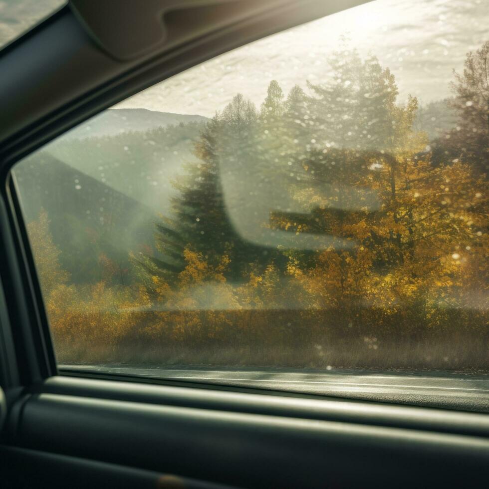 View of autumn forest from car's rear seat. Raindrops on the window. photo