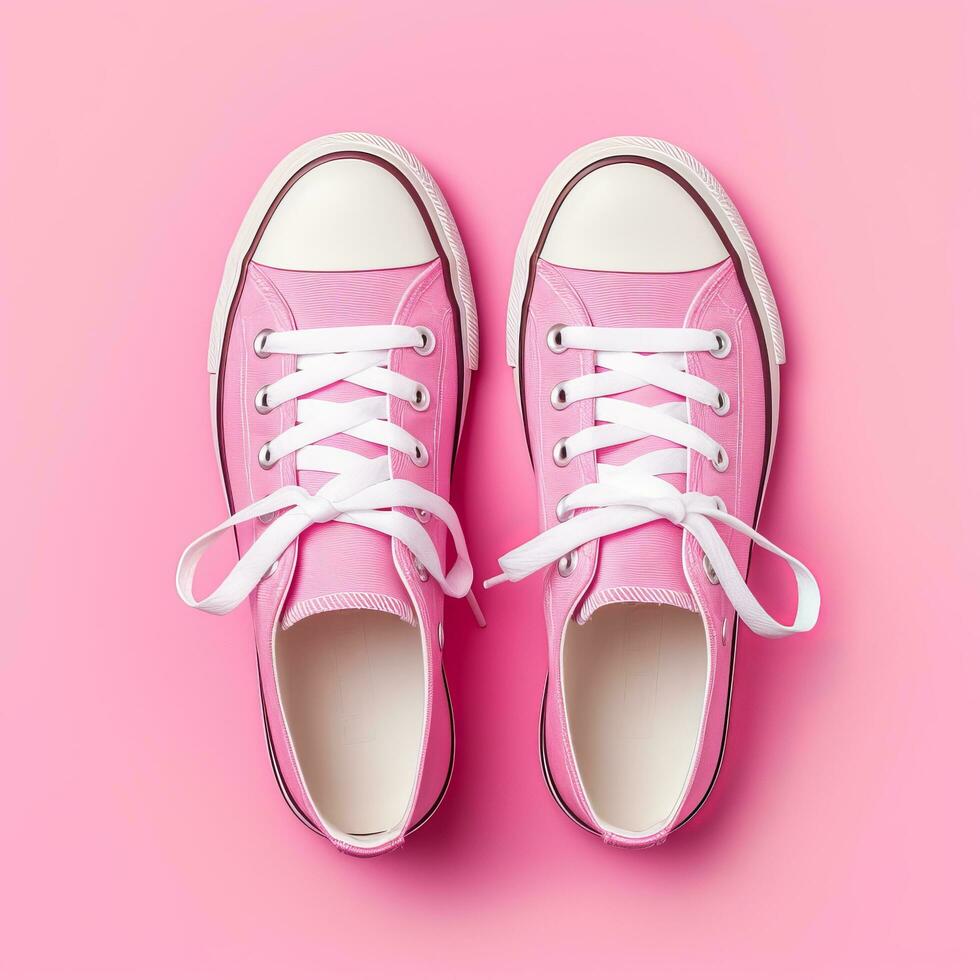 Pink sneakers on pink background. photo