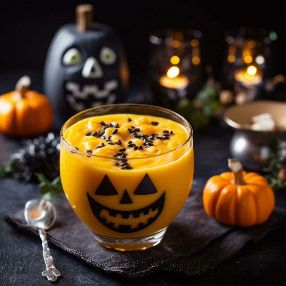 Pumpkin Soup with Seeds. Pumpkin Figures in Halloween Style Background. photo