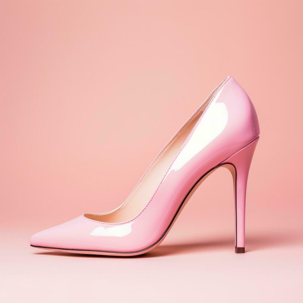 Pink women's high heel shoes on a pink background. photo