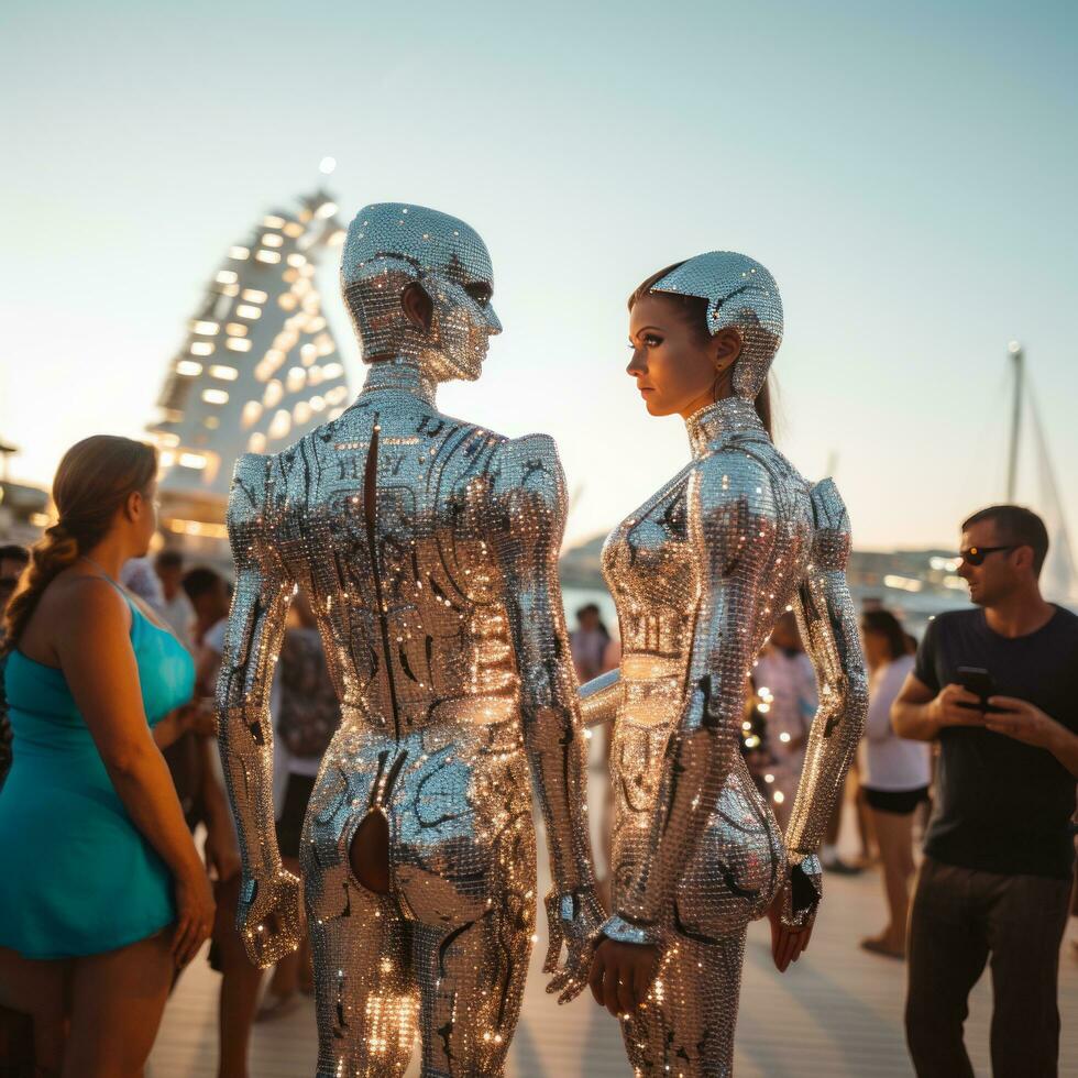 Two girls in disco-style costumes preparing for a disco party. photo